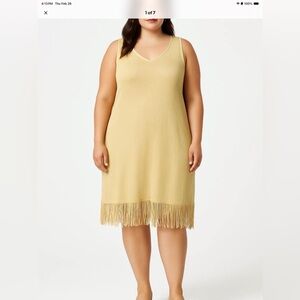 TOGETHER Champagne Gold Fringe Flapper  Shift Dress XL | Sleeveless Neutral Boho